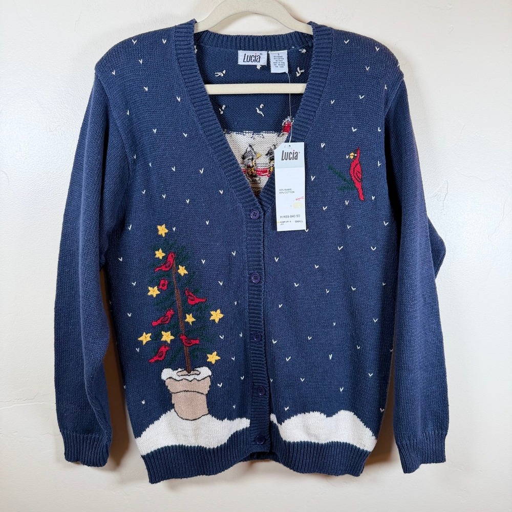 Vintage Lucia Comfort & Joy Ugly Christmas Sweater Women's S Blue Cardinal House